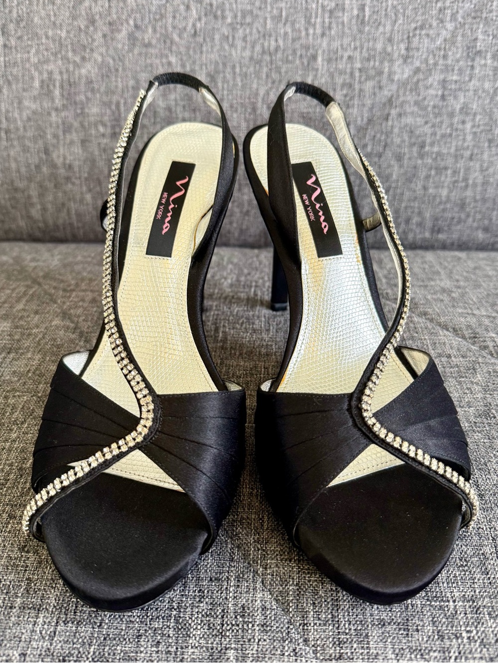 Black Satin Slingback Heels with Rhinestone Strap NWOT